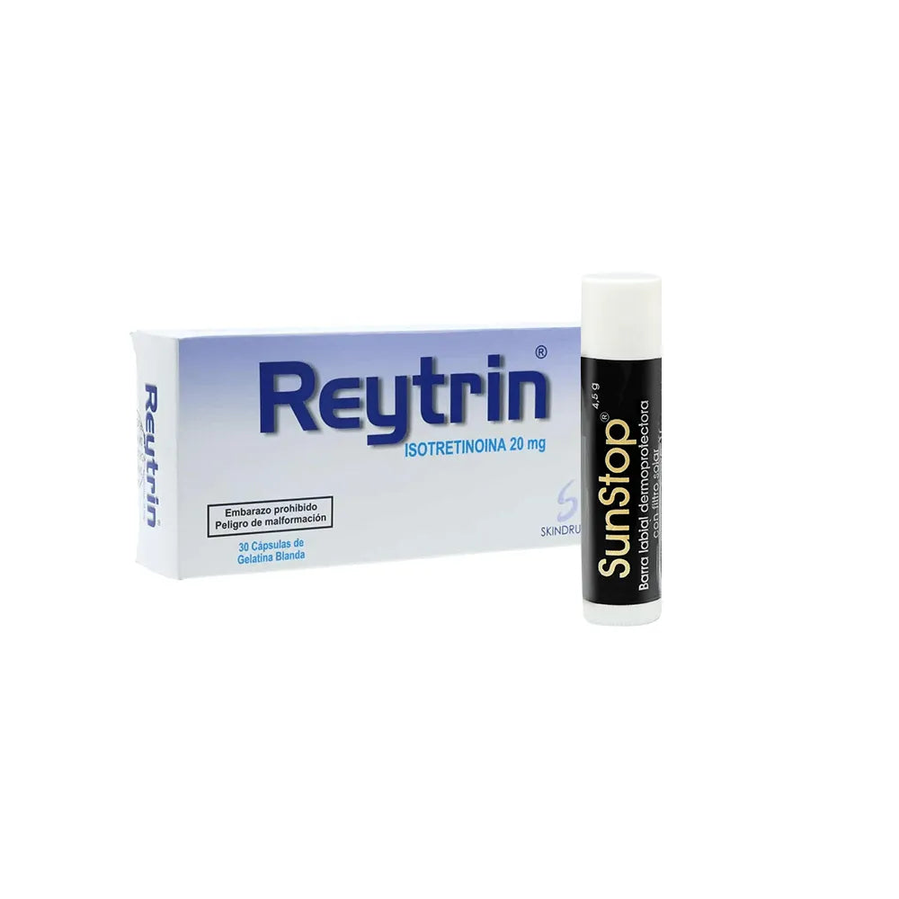 Skindrug Reytrin 20 mg Caja x 30 Cap + Sunstop Barra Labial
