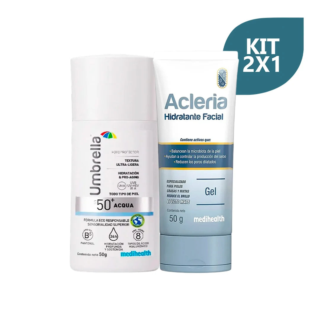 Kit Medihealth Umbrella Fotoprotector Acqua Spf 50 x 50 ml Gratis Medihealth Acleria Gel Hidratante Facial x 50 g - Medihealth